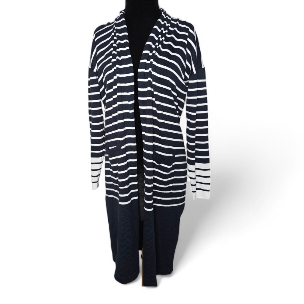 CAbi Boathouse duster cardigan sweater navy white Size S